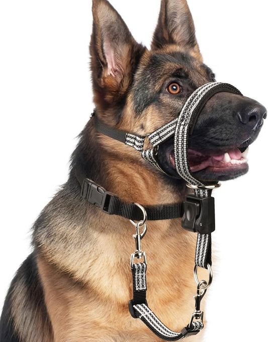BARKLESS No Pull Dog Head Collar for Gentle Training Walking, Soft Padded Head Halter with Collar Safety Clip, Comfortable Fit Muzzle Leash with Reflective Strap for Medium Large Dog (Grey, XL)