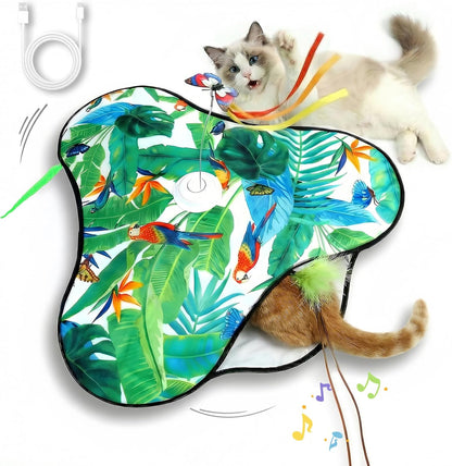 Interactive Cat Toys Rechargeable,Moving Concealed Feathers,Real Mouse Squeaky,Touch Activated Cat Kitten Toy Exercise Toys for Indoor Bored Adult Cats (Green)