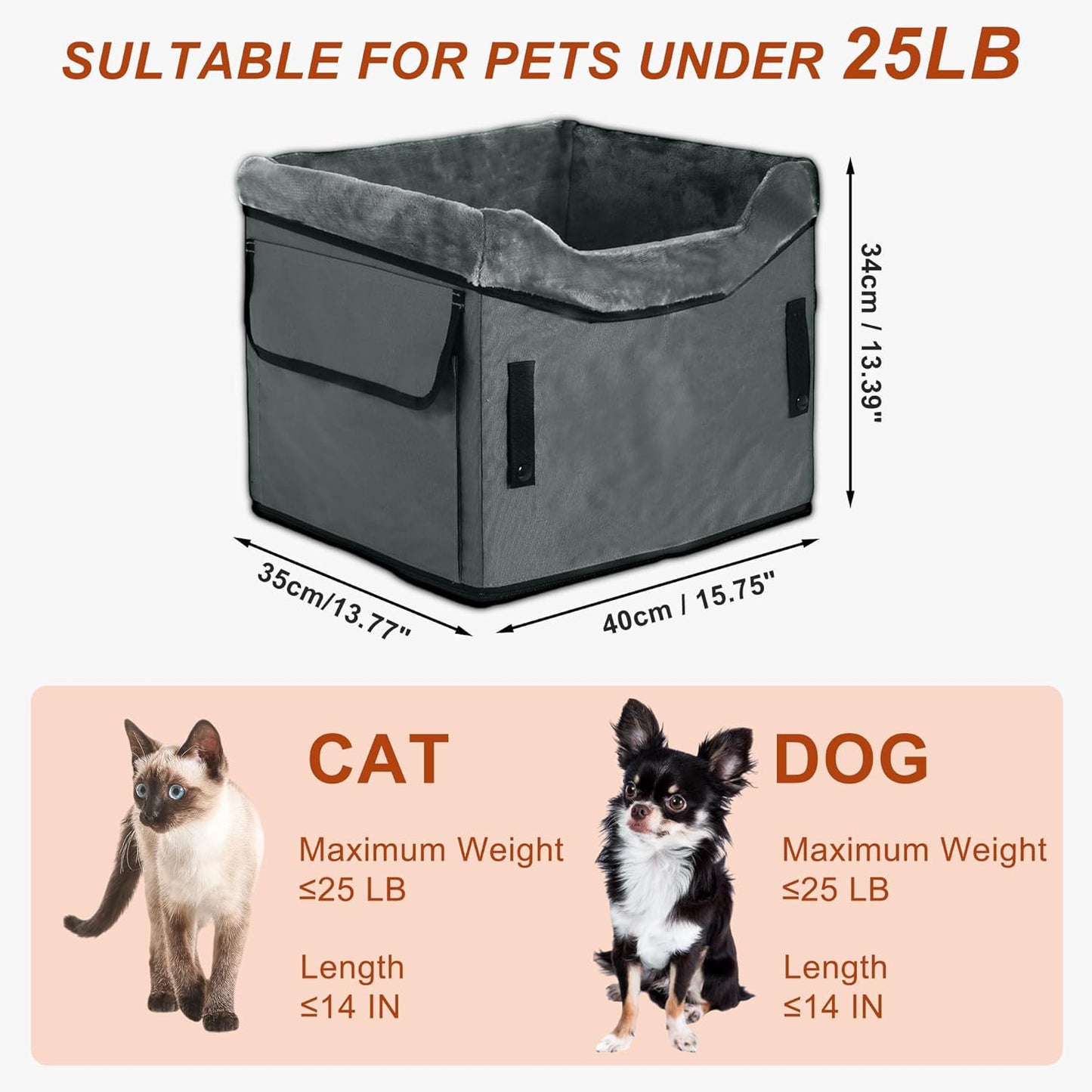 Dog Car Seat for Small Dog, Portable Dog Car Travel Bed, Car Seat Storage Pockets Cat Backpack, for Puppy Travel Bed for Small Pet, Small, Gray