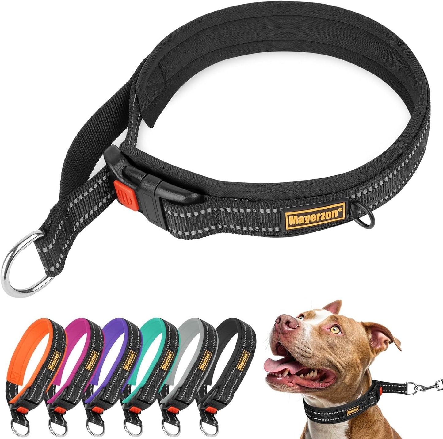 Mayerzon 1.5" Wide Martingale Collar for Large Medium Small Dogs Pitbull German Shepherd, No Pull Reflective Slip & Martingale Dog Collar with Buckle Soft Padded for Walking Training(Black,M)