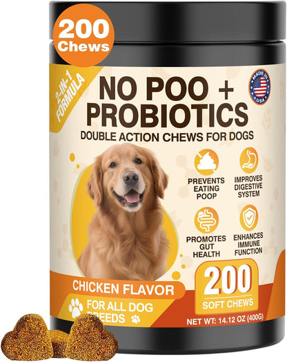 200 Chews No Poo&Probiotic Chew For Dogs-2 In 1 Control Coprophagia&Probiotics Supplement- Natural Soft Treats Deterrent Eat Poop-Digestive Enzymes with Prebiotics Support Gut Health-Chicken Flavor