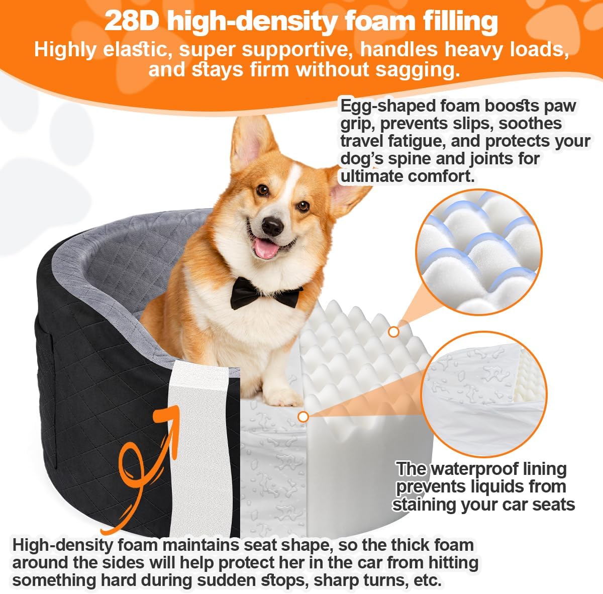 Dog Booster Car Seats for Small Medium Dogs, Fits Dogs Under 19", 28D High-Density Memory Foam with Waterproof Cover, Pet Travel Bed with Storage Pockets, Blanket, Dog Safety Belt, Black