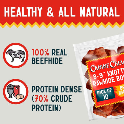 Canine Chews 8-9 Inch Beef Basted Knotted Rawhide Bones for Large Dogs - Durable Rawhide Bones for Medium and Large Dogs - Long Lasting Dog Rawhide Bones with for Aggressive Chewers - 10 Pack