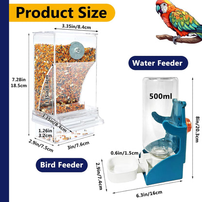 VERTUPET No Mess Bird Feeders with Water Dispenser Automatic Transparent Acrylic Food Container Drinker for Cage Automatic Parrot Feeder Seed Container Cage Accessories (Blue)