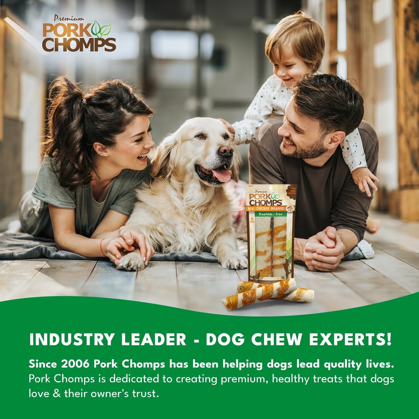 Pork Chomps Baked Pork Skin Dog Chews, 8-inch Rolls, Real Chicken Wrap, 2 Count