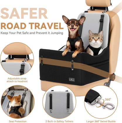 PETSFIT Dog Car Seat for Small/Medium Dogs Up to 35 lbs – Patented Safety System, 6" Memory Foam Pet Booster Car Seat, Fully Detachable and Washable Dog Carseat with 2 Storage Pockets (Black & Grey)