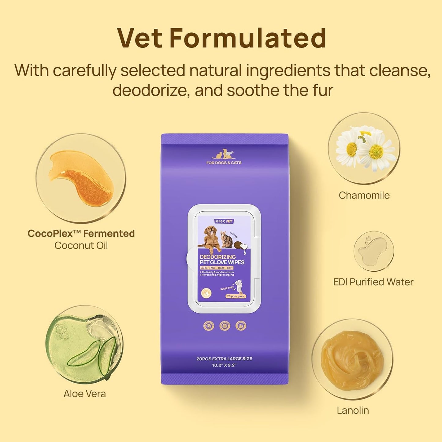 HICC PET Cleaning Deodorizing Glove Wipes for Dogs & Cats, Vet Recommended Hypoallergenic Hydrating & Nourish Fur Pet Grooming Glove Wipes, Pet Bathing Wipes for Horse Coat Care,20pcs Coconut Scent