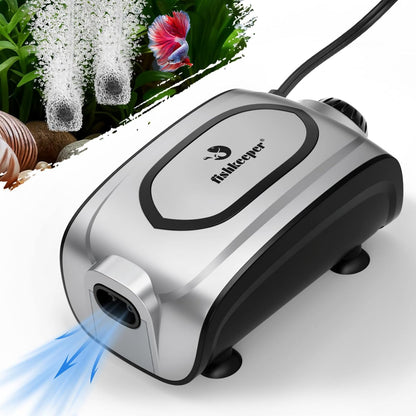 fishkeeper Quiet 3W/5W Aquarium Air Pump - Small & Powerful Dual Outlet Fish Tank Air Pump, Adjustable Oxygen Aerator Pump with Air Stone Bubbler Kits for 1-160Gal Fish Tanks (Silver-Gray, 2025 New)