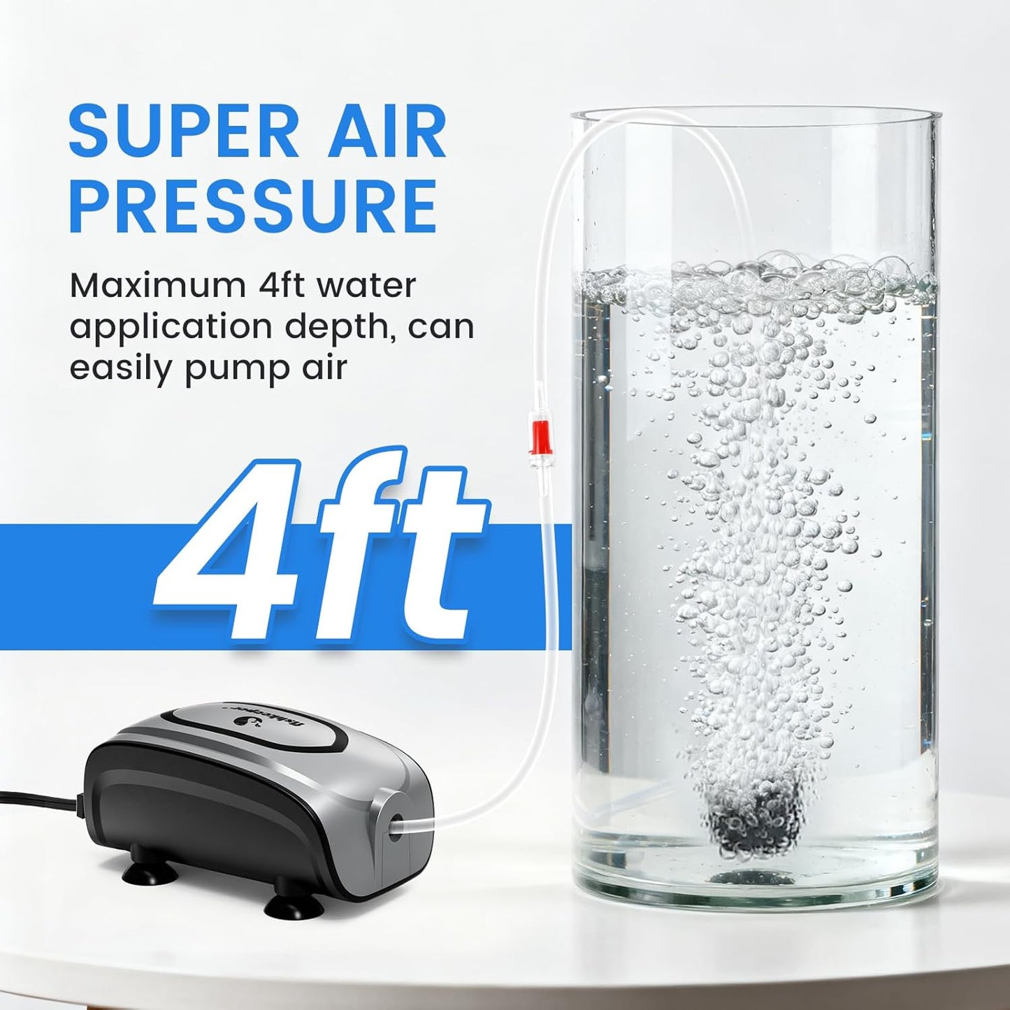 fishkeeper Quiet 3W/5W Aquarium Air Pump - Small & Powerful Dual Outlet Fish Tank Air Pump, Adjustable Oxygen Aerator Pump with Air Stone Bubbler Kits for 1-160Gal Fish Tanks (Silver-Gray, 2025 New)