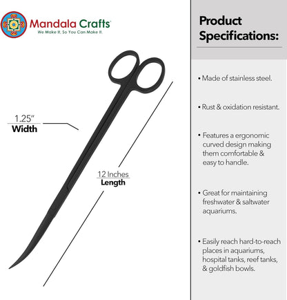 Mandala Crafts 12 Inches Black Stainless Steel Curved Aquarium Scissors for Trimming Aquatic Plants – Bent Aquascape Scissors for Fish Tanks, Hospital Tanks, Goldfish Bowls, and Terrariums