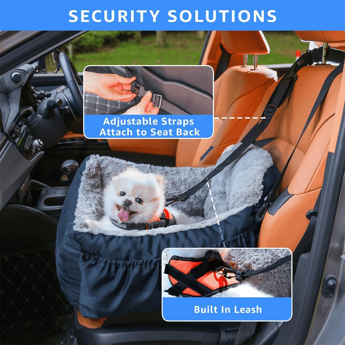Dog Car Seat for Small Dogs, Washable Pet Booster Seats for Car with Clip-On Safety Leash, Reversible Puppy Carseat with Storage Pockets, Travel Carrier Bed for Dogs Under 25 lbs, Blue
