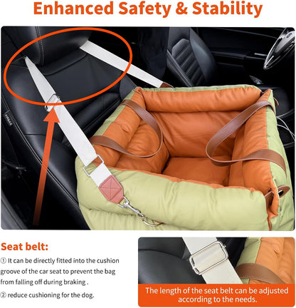 Dog Car Seat for Small & Medium Dogs, Waterproof Soft Leather Dog Car Bed with Harness Clip, Travel Bed & Carrier Bag for Pets, Fits Pets Up to 35 lbs (Green, Small & Medium)