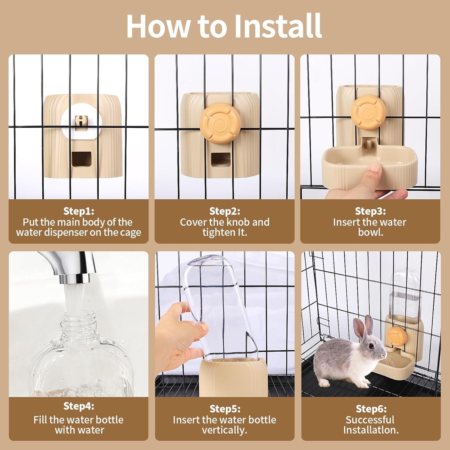 20oz Rabbit Water Dispenser, Small Animal Water Bottle No Drip for Guinea Pig, Rabbit, Gravity Cage Pet Water Dispenser for Cats Puppy Ferret (Khaki)