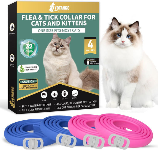 4 Pack Flea Collar for Cats, 32 Months Flea and Tick Prevention for Cat, Waterproof & Natural Cat Flea and Tick Treatment, Adjustable for Cats Kittens(Blue&Pink)
