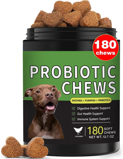 Probiotics for Dogs - 180 Dog Probiotics Chews with 5 Enzymes & 4 Prebiotics for Digestive and Gut Health - Diarrhea & Bowel Support, Yeast Balance, Immunity, Allergies & Itchy Skin (Chicken)