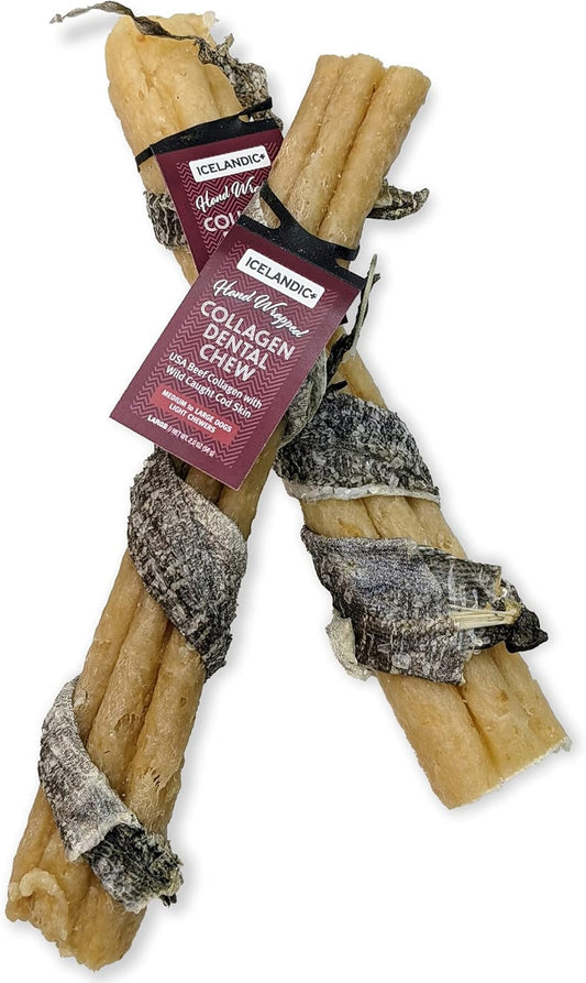 Icelandic+ Collagen Dental Chew: Beef & Cod Skin - 8" Dog Treat Stick, Hand-Wrapped Fish, 2 Ingredient Pet Snacks, Dental Health, Rawhide Alternative