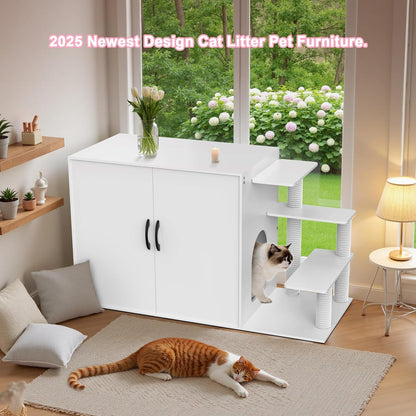 LuckyEnergy 2025 Upgraded 2-in-1 Cat Litter Box Furniture with Cat Tree – Hidden Odor Control Enclosure for 2 Cats, Dual Entry, Ventilation, Modern TV Stand Style