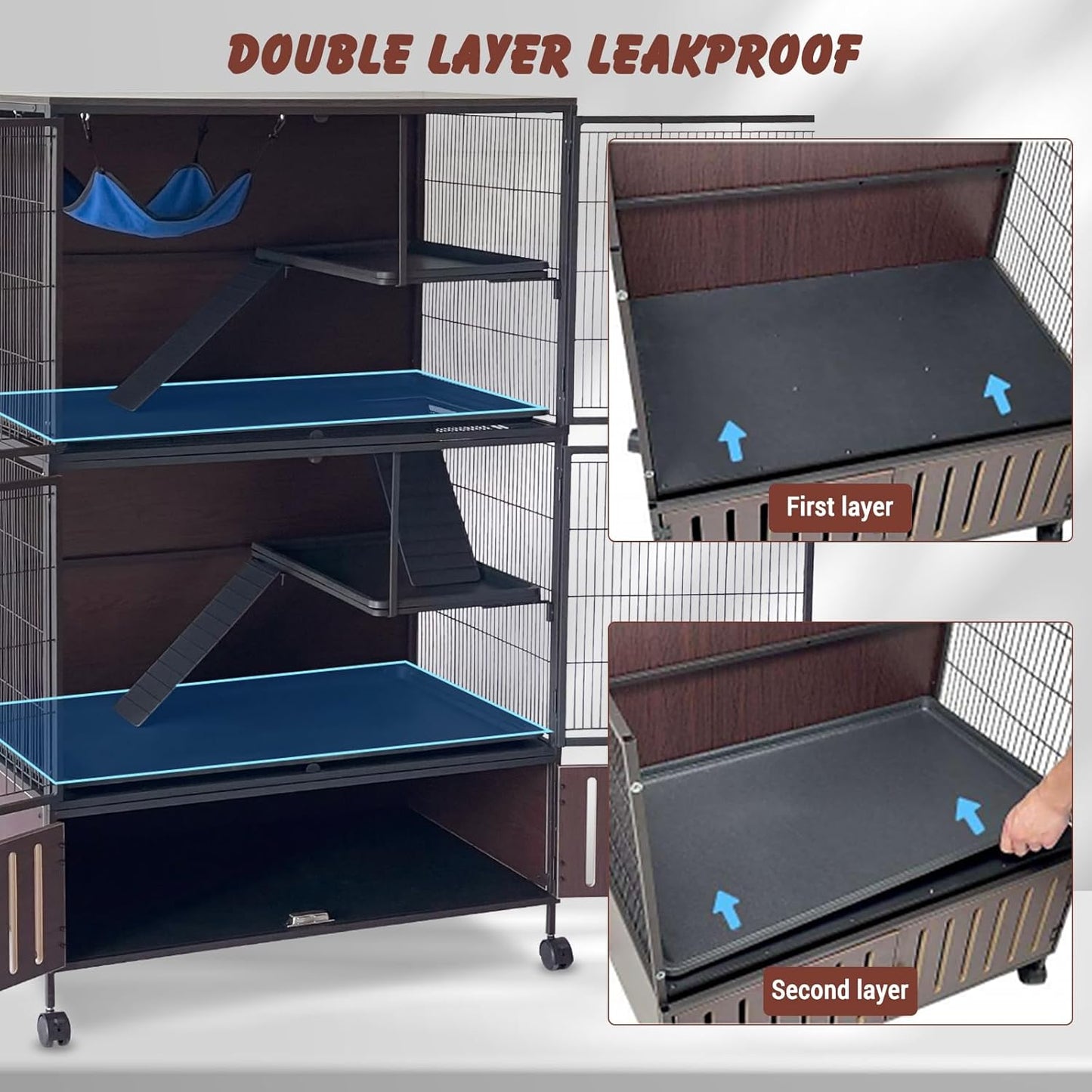 60" Large Metal Ferret Cage, Multi-Level Chinchilla Cages with Lockable Doors,3 Metal Ramps, 4 Wheels, Small Animal Cage with PP Trays & Storage Cabinet for Chinchillas, Ferrets, Guinea Pigs, Rats