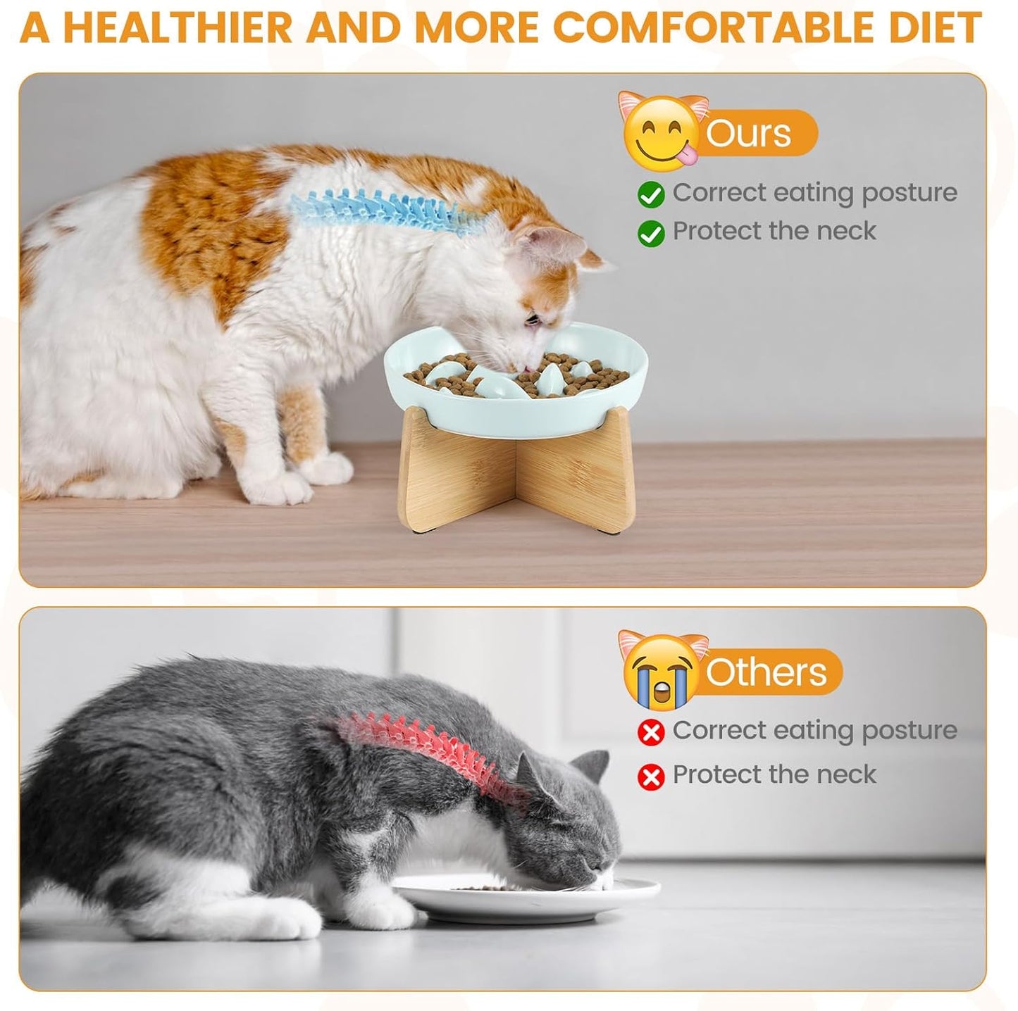 PETTOM Slow Feeder Cat Bowl with Stand, Ceramic Slow Eating Cat Bowl with Higher Edges Fish Pool Design Elevated Food Bowls for Dry and Wet Food Anti-Vomiting Puzzle Feeder for Healthy Eating Diet