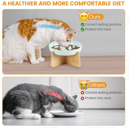 PETTOM Slow Feeder Cat Bowl with Stand, Ceramic Slow Eating Cat Bowl with Higher Edges Fish Pool Design Elevated Food Bowls for Dry and Wet Food Anti-Vomiting Puzzle Feeder for Healthy Eating Diet