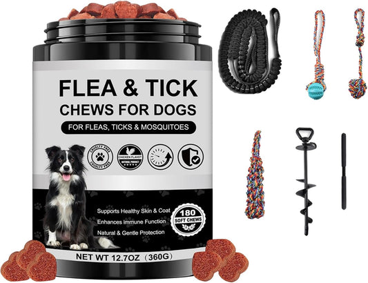 Dog Flea and Tick Chewable Supplement + Tether Tug Outdoor Dog Toy with Upgraded Steel Stake