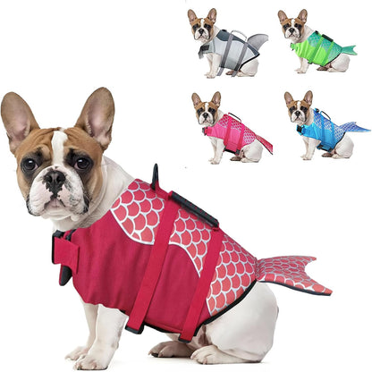 Dog Life Vest Adjustable - Shark Design Puppy Life Jacket for Swimming & Boating, High Buoyancy & Rescue Handle, Small/Medium/Large Dogs, Enhanced Visibility (Red Mermaid, XS(Weight 2-4kg))