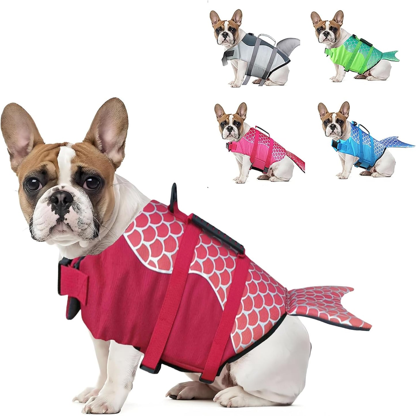 Dog Life Vest Adjustable - Shark Design Puppy Life Jacket for Swimming & Boating, High Buoyancy & Rescue Handle, Small/Medium/Large Dogs, Enhanced Visibility (Red Mermaid, XS(Weight 2-4kg))