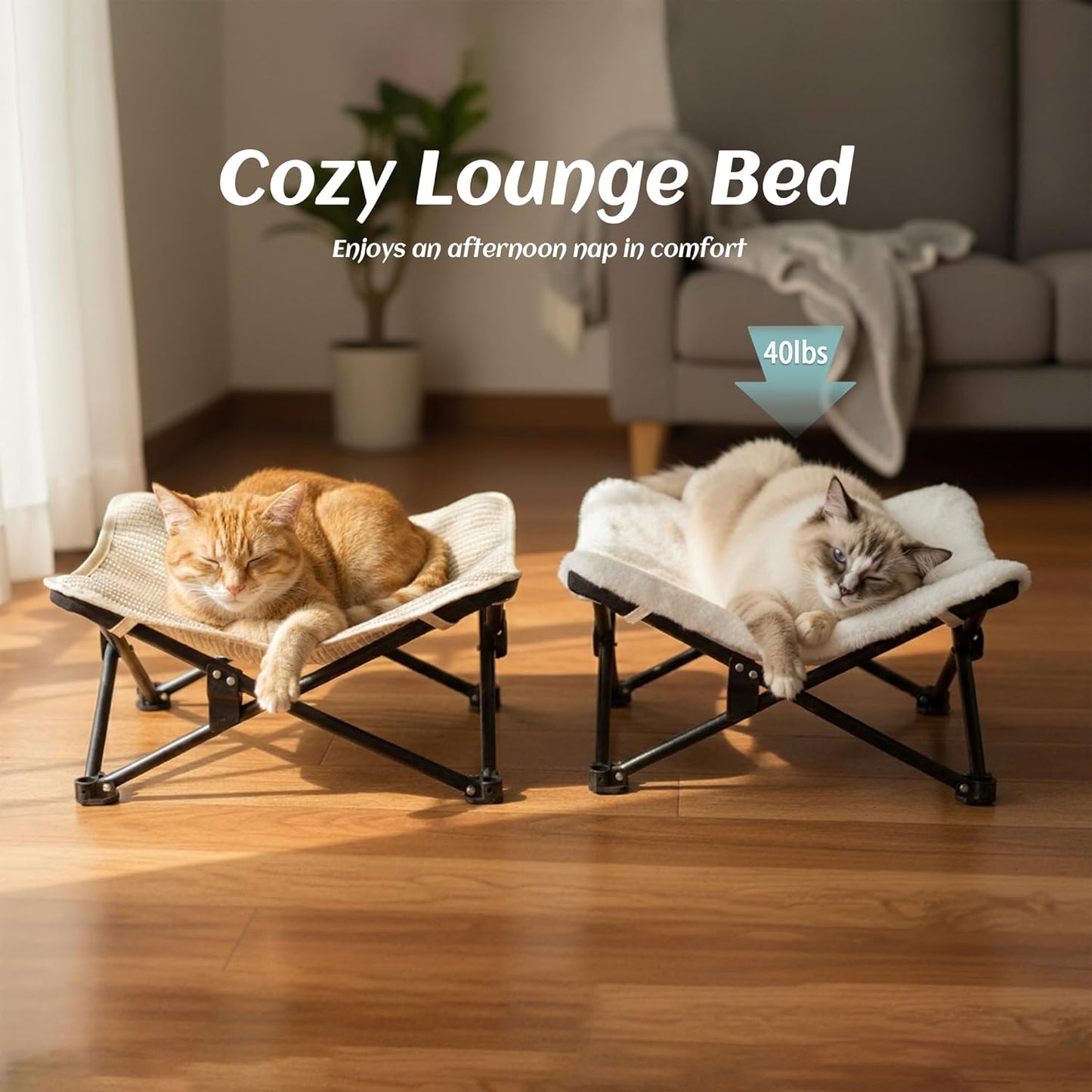 PETKARAY Foldable Elevated Cat Bed, Fluffy Kitty Lounge Furniture with Metal Frame, Raised Cat Hammock Chair for Indoor Cats