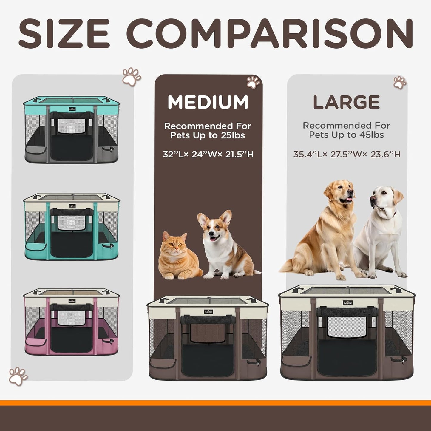 Foldable Pet Kitten Playpen, Upgrade Waterproof Portable Cat Dog Playpen Kennel Tent for Small Dog Cat, Retractable Shade Cover, Indoor Outdoor Use for Small Pet, Brown