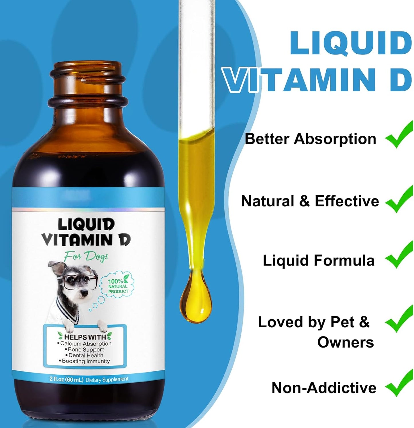 Vitamin D for Dogs, Liquid Vitamin D for Dogs, Dog Vitamins D Drops Promote Calcium Absorption, Supports Immune System Hip & Joint Health and Dog Dental Health, Dog Multivitamin Supplements
