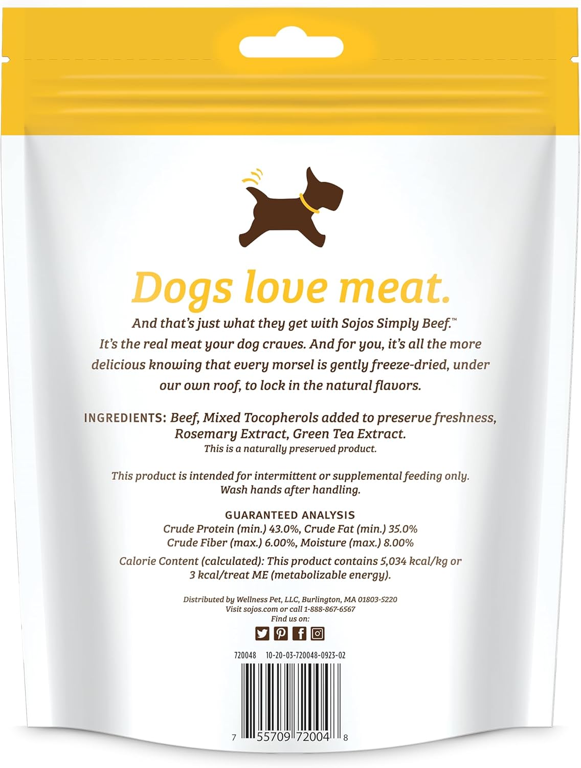 SOJOS Natural Pet Food Simply Beef Freeze-Dried Dog Treats, 4 oz, Yellow