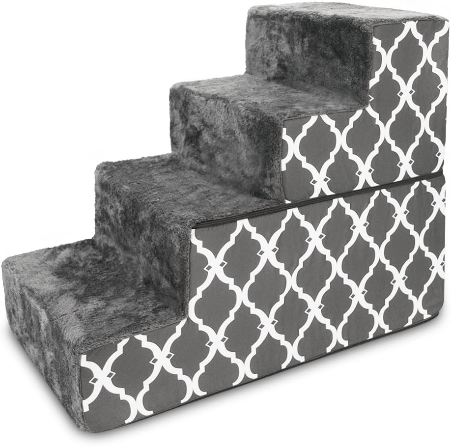 Best Pet Supplies Foldable Foam Pet Steps for Small Dogs and Cats, Portable Ramp Stairs for Couch, Sofa, and High Bed Climbing, Non-Slip Balanced Step Support, Paw Safe - Gray Lattice, 4-Step (H: 22")