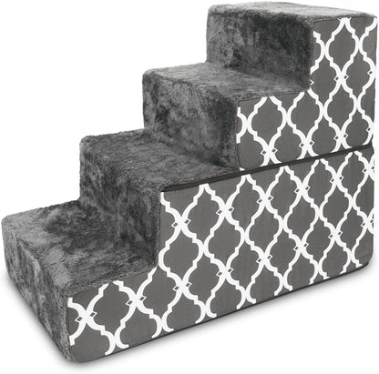 Best Pet Supplies Foldable Foam Pet Steps for Small Dogs and Cats, Portable Ramp Stairs for Couch, Sofa, and High Bed Climbing, Non-Slip Balanced Step Support, Paw Safe - Gray Lattice, 4-Step (H: 22")