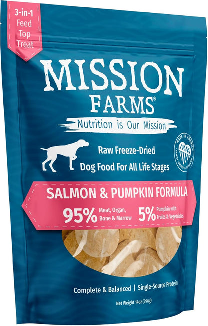 Mission Farms Wild Caught Salmon & Pumpkin Freeze-Dried Raw Dog Food Formula Complete & Balanced Meal for All Ages, 14 oz