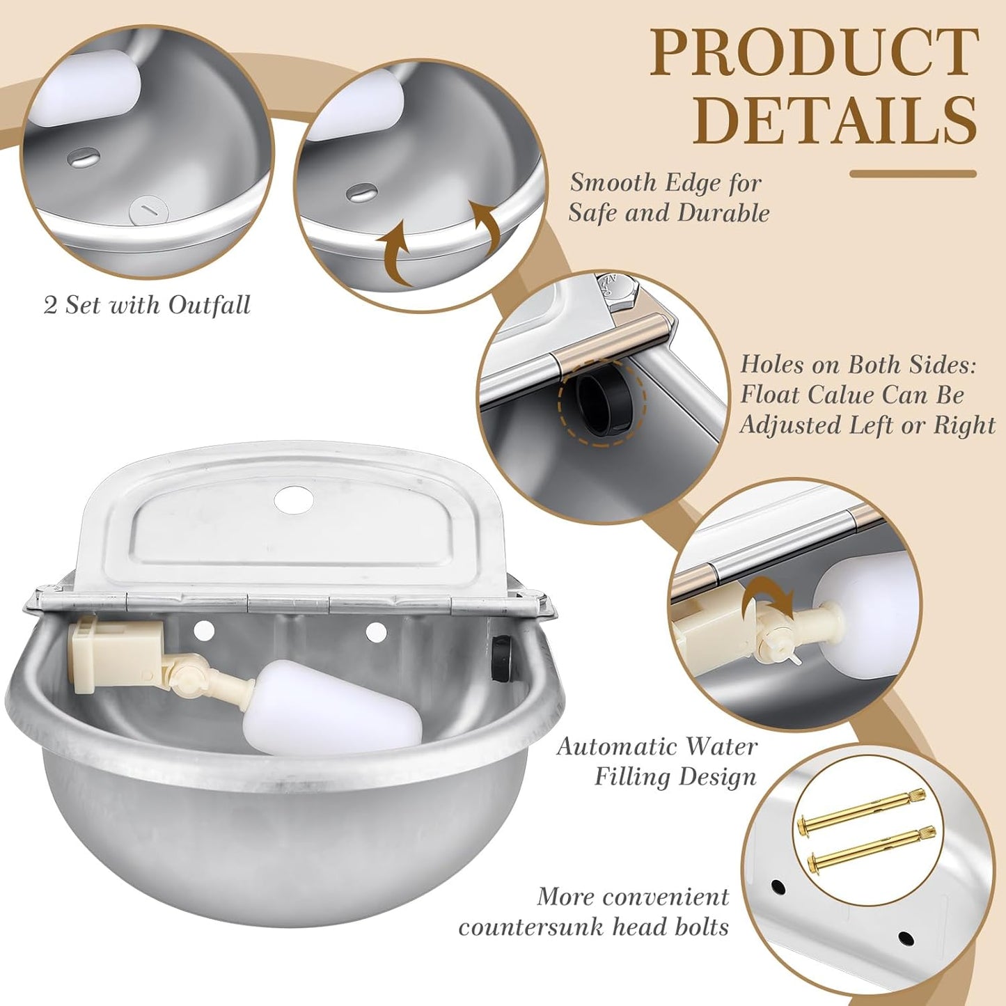 Bokon 4 Set Automatic Animal Drinking Water Trough Bowl Automatic Livestock Drinking Dispenser Stainless Steel Waterer for Horses Dogs Goat Pig with Float Pipe Connector Countersunk Bolt