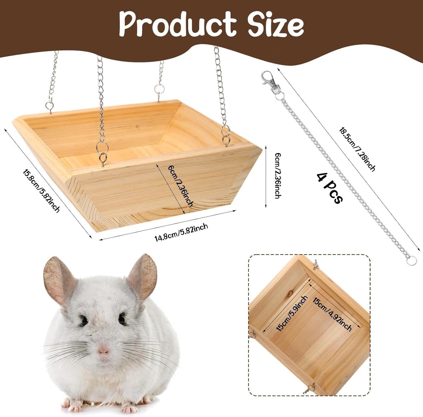 Large Wooden Hanging Bed with Soft Plush Mat for Chinchilla, Hammock for Rat Cage, Guinea Pig Ferret Swing, Small Animal Cage Accessories Resting Nest
