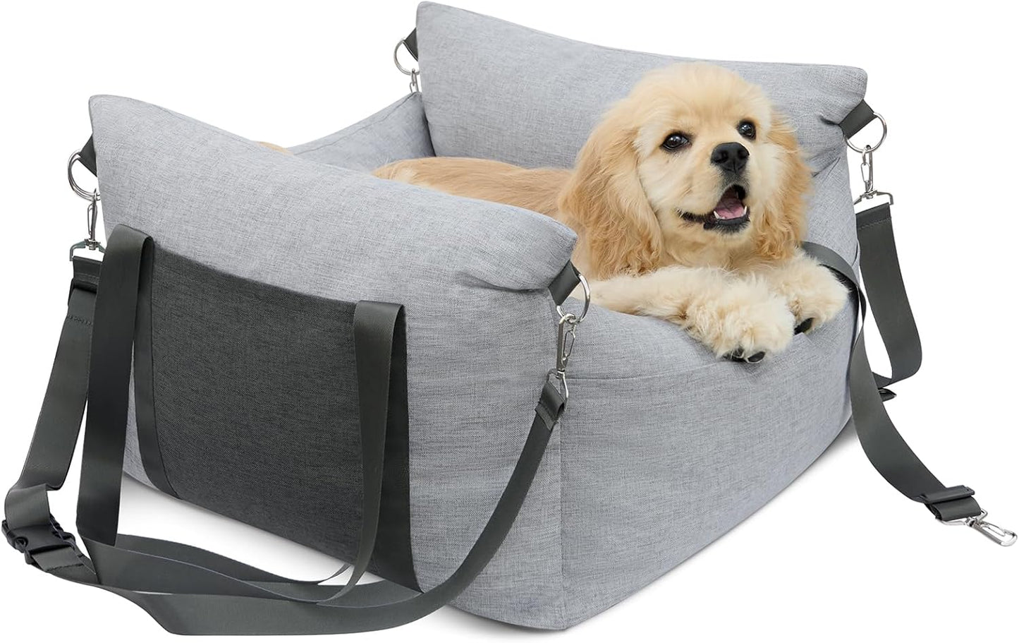 Dog Car Seat for Small Pets - Portable Travel Carrier With Pocket, Memory Foam Filling, Safety Leash - Machine Washable, Waterproof Booster Bed (Grey)