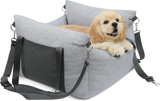 Dog Car Seat for Small Pets - Portable Travel Carrier With Pocket, Memory Foam Filling, Safety Leash - Machine Washable, Waterproof Booster Bed (Grey)