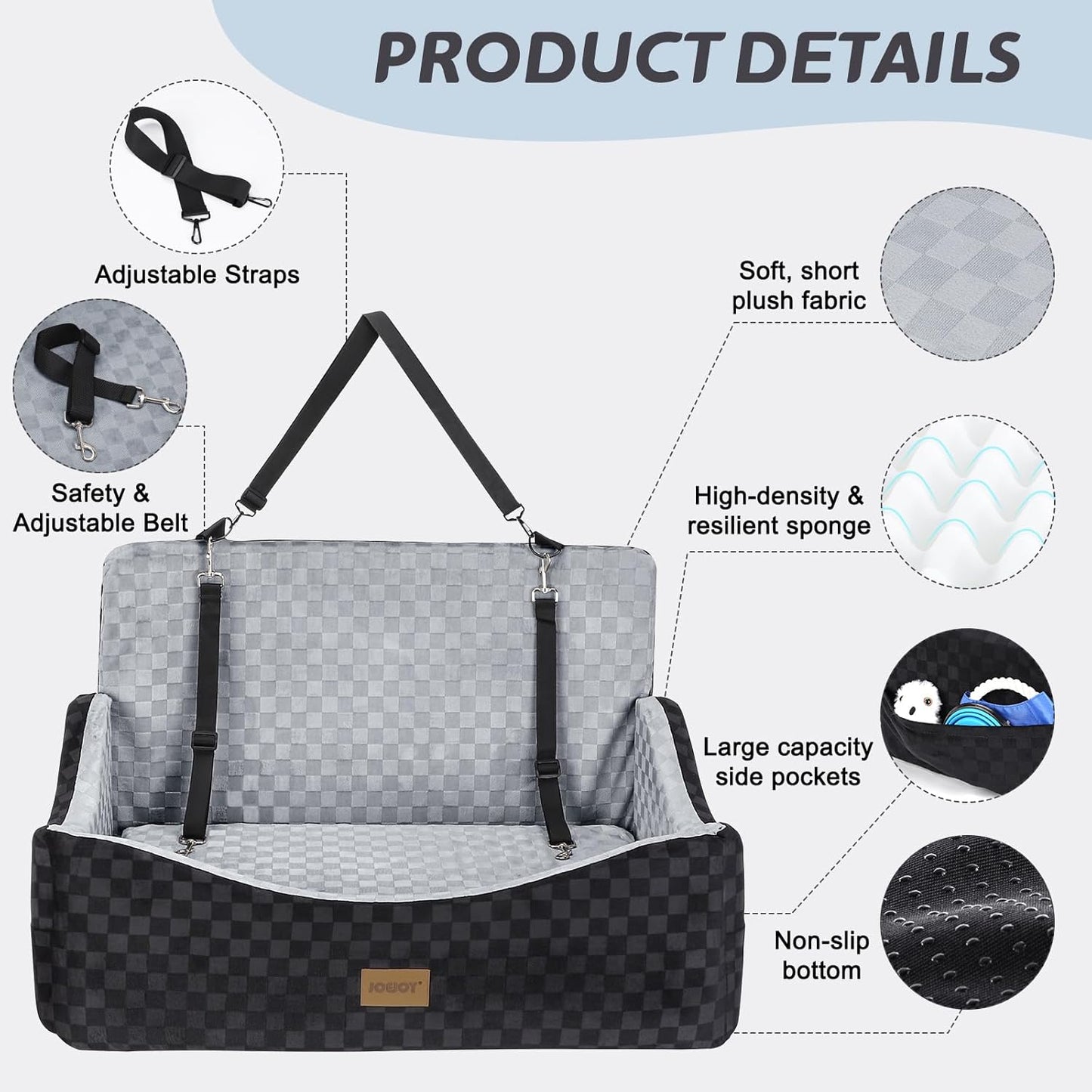 JOEJOY Dog Car Seat for Medium/Large Dogs - Reversible Dual-Sided Travel Dog Car Bed with Memory Foam, Washable Pet Booster Seat for Dogs up to 55 lbs or 2 Small Dogs, 2 Safety Leashes (Black/Grey)