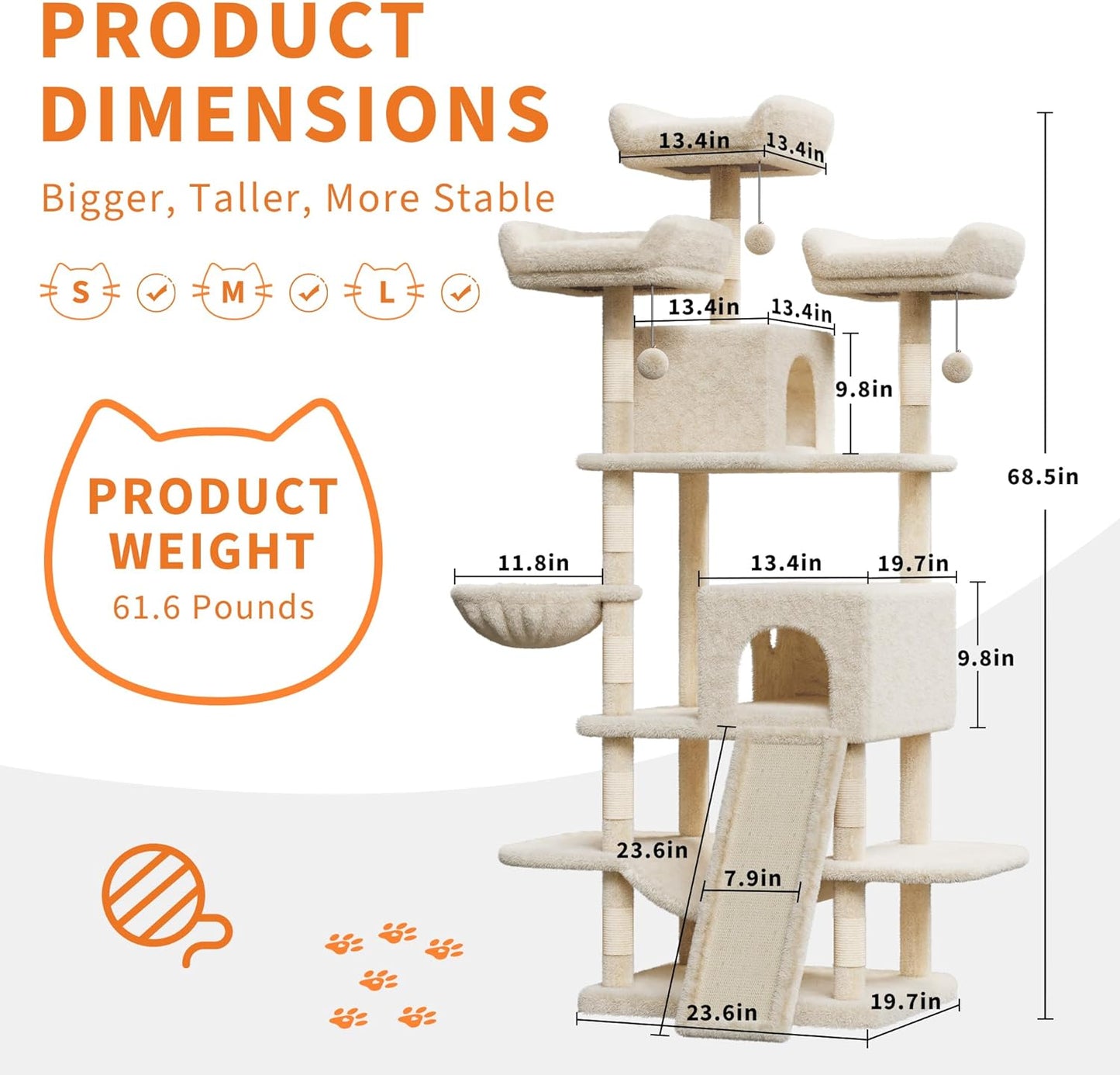 68.5" Heavy Duty Multi-Level Cat Tree Tower for Large Indoor Cats 20 lbs+, Soft Condo, Sisal Scratching Posts, Hammocks, Basket, Dangling Ball, Perches, Activity Platform – Beige, 2605 Model
