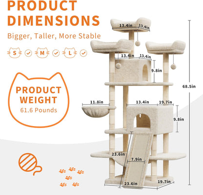 68.5" Heavy Duty Multi-Level Cat Tree Tower for Large Indoor Cats 20 lbs+, Soft Condo, Sisal Scratching Posts, Hammocks, Basket, Dangling Ball, Perches, Activity Platform – Beige, 2605 Model