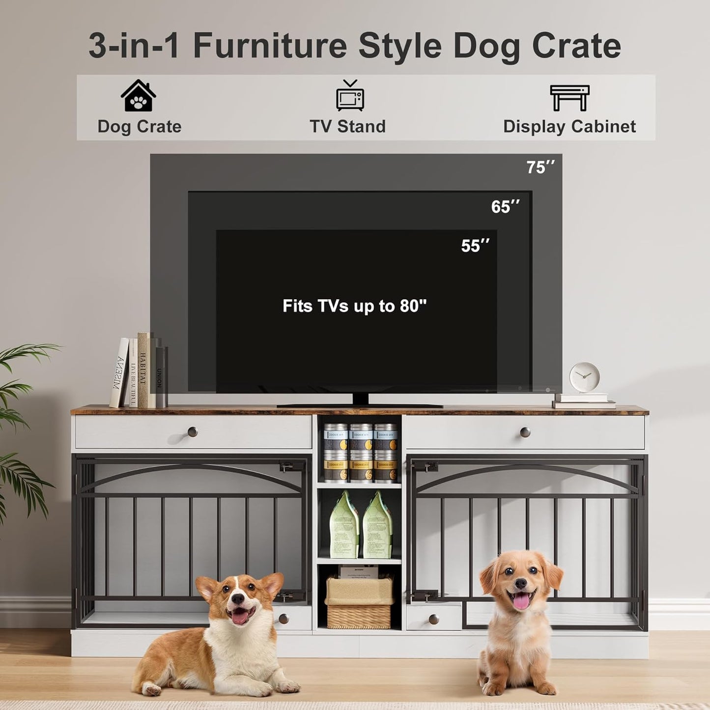 GarveeHome Dog Crate Furniture for 2 Dogs, Dog Kennel Indoor with Storage and Feeding Bowls, Double Dog Crate TV Stand for Small Medium Dogs, White