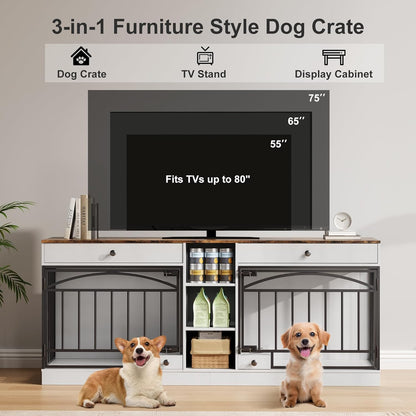 GarveeHome Dog Crate Furniture for 2 Dogs, Dog Kennel Indoor with Storage and Feeding Bowls, Double Dog Crate TV Stand for Small Medium Dogs, White