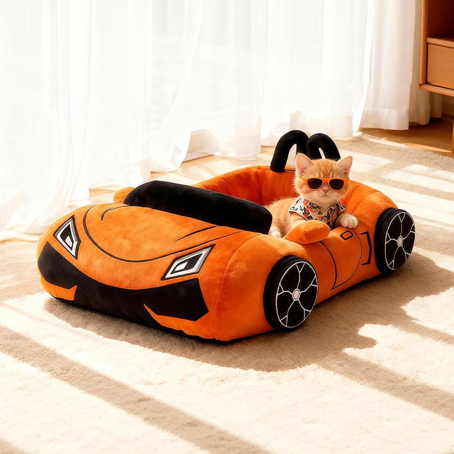 Cute Cat Beds Kitten Beds, Soft Small Dog Beds, Washable Pet Beds for Puppy and Kitty, Funny Supercar Cat Toys, 24 Inch