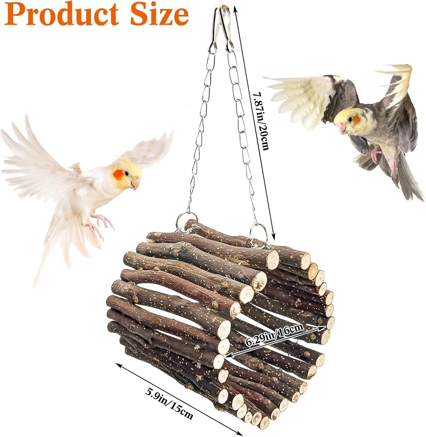 BNOSDM Wooden Bird Tunnel Parrot Swing Toys Natural Hanging Nest and 2 Pack Bird Perch Platform Stainless Steel Parrot Perches for Parakeets, Budgies, Conures, Cockatiels, Lovebirds