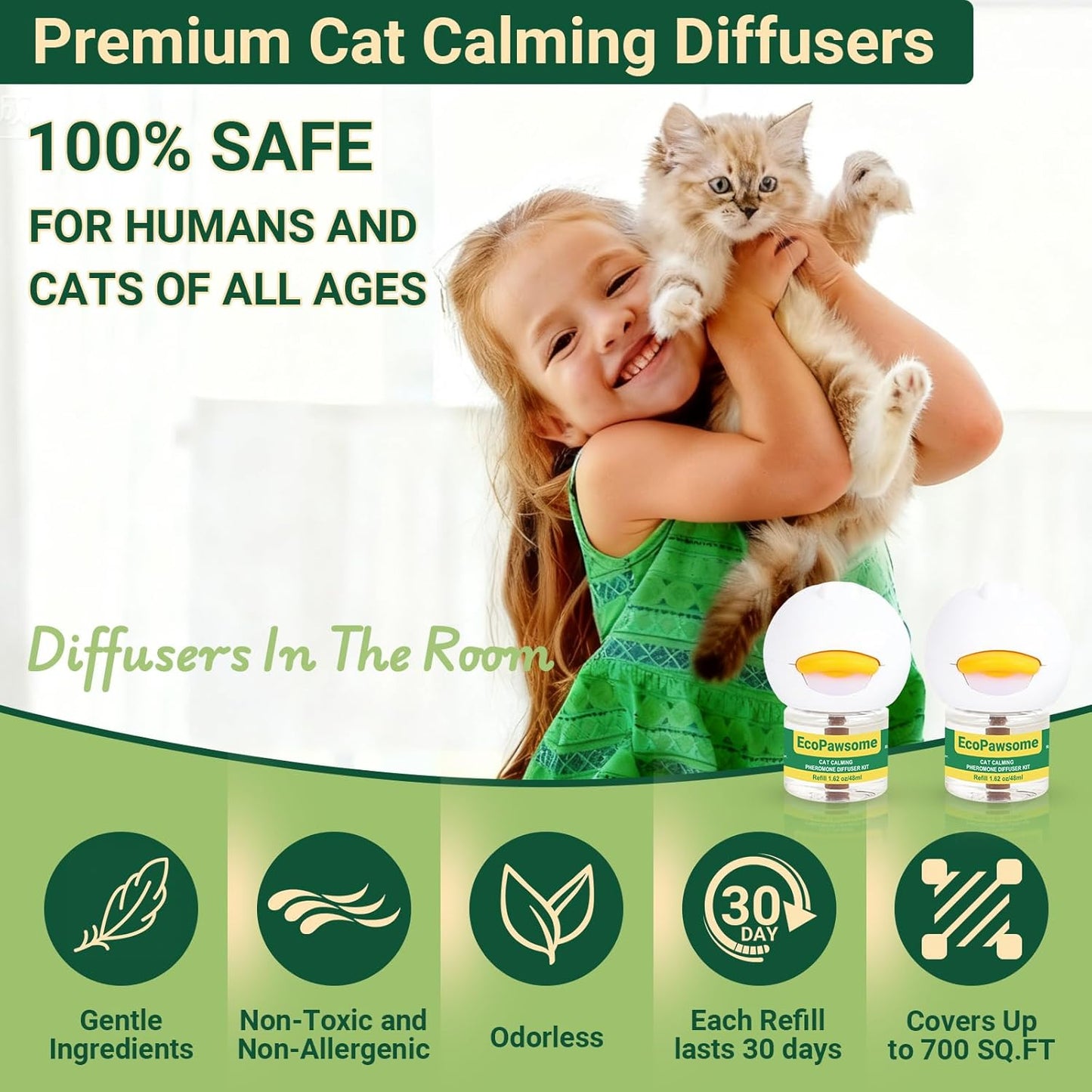 6 in 1 Cat Calming Pheromone Kit, 2 Pack Cat Calming Diffuser for Indoors Stress, 2 Pack Calming Collar for Cats to Comfort Anywhere, Dual-Action Calming to Reduce Anxiety,Scratching(120 Days Green