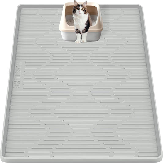Silicone Cat Litter Mat, 32" x 22" Large Cat Litter Box Mat Litter Trapping Mat for Scatter Control, Waterproof, Soft on Kitty Paws, Clean Floor (Grey)