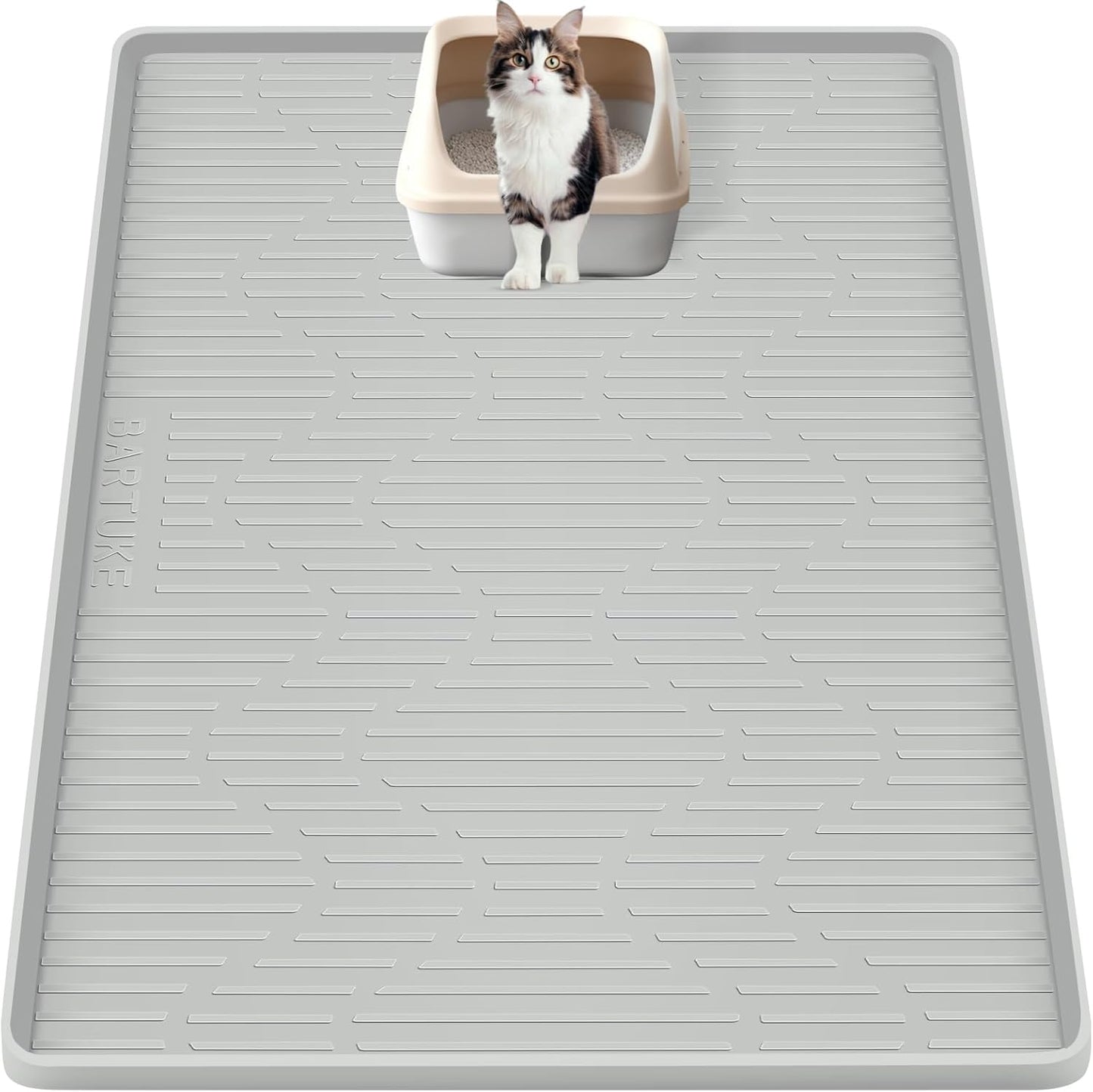 Silicone Cat Litter Mat, 32" x 22" Large Cat Litter Box Mat Litter Trapping Mat for Scatter Control, Waterproof, Soft on Kitty Paws, Clean Floor (Grey)