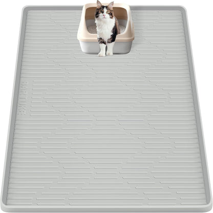 Silicone Cat Litter Mat, 32" x 22" Large Cat Litter Box Mat Litter Trapping Mat for Scatter Control, Waterproof, Soft on Kitty Paws, Clean Floor (Grey)