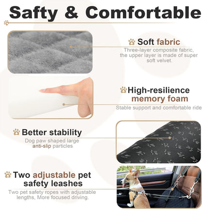 Car Dog Seat with 2 Safety Leashes,Dog Car Booster Seat for Small Medium Dogs 0-28lbs,Pet Travel Safety Bed with Storage PocketsFully Detachable and Easy to Install(S1-Black Outside Brown Inside)